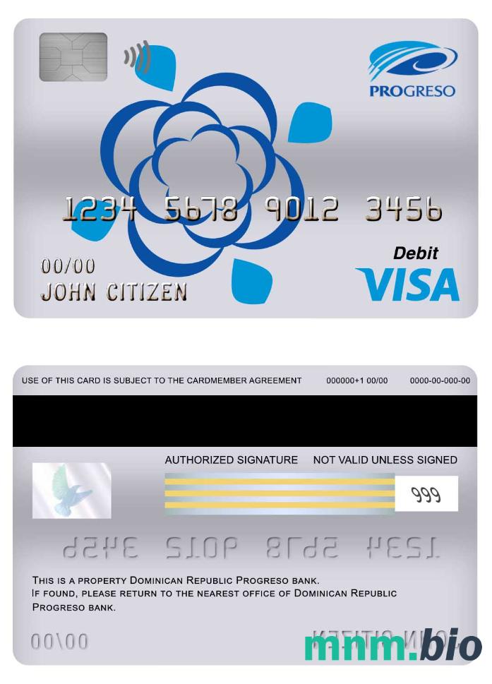 Dominican Republic Progreso bank visa debet karta przykład w formacie PSD